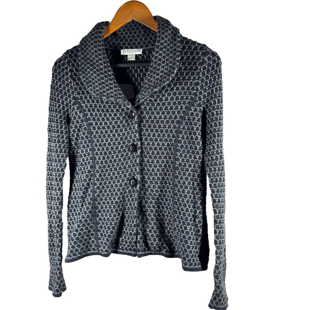 Pendleton Cardigan Petite Small ‎ Sweater Black White Button front Windowpane